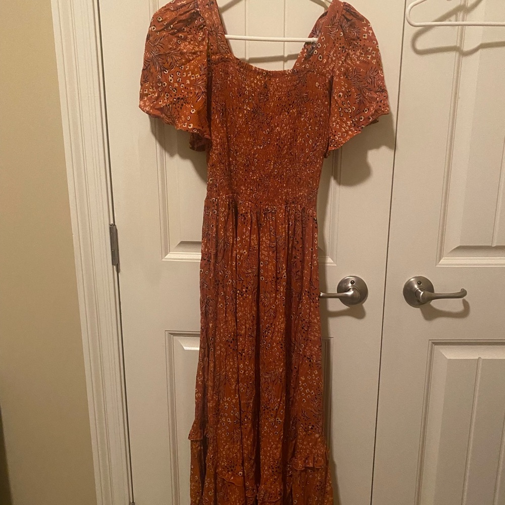 Angie Brown and Orange Wrap Sundress with Flutter Sleeves - Picture 2 of 4